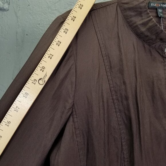 Eileen Fisher Seamed Jacket Medium Silk Blend Crinkle Clove Brown Snap Front NEW - Picture 16 of 16